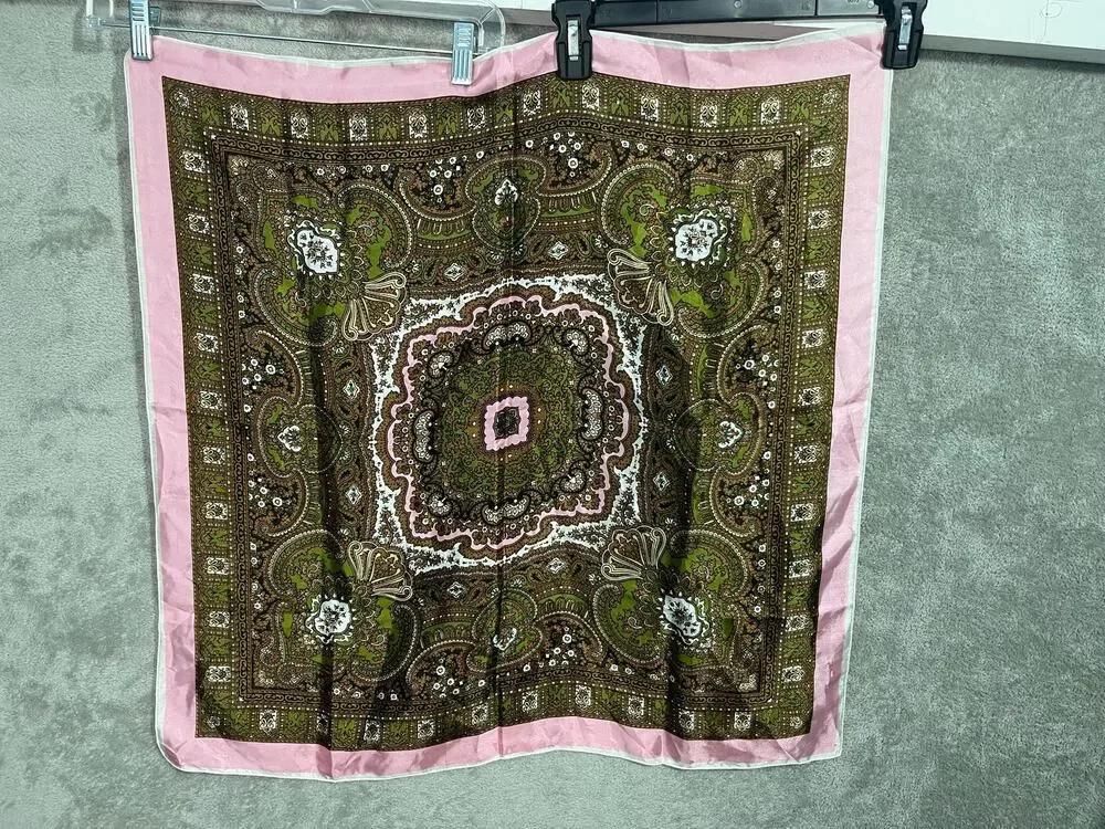 VTG Paisley Scarf Pink Green Boho Cottage Core Poly Satin 26